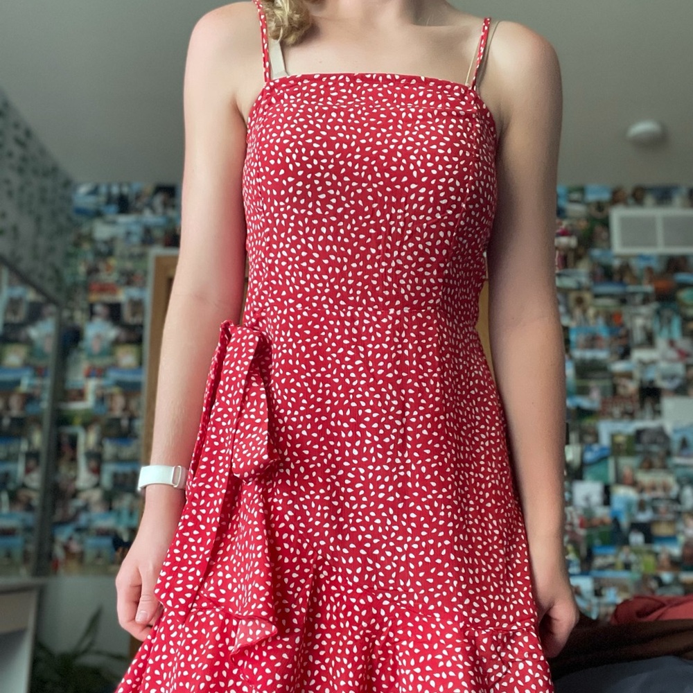 shein red and white wrap tie dress